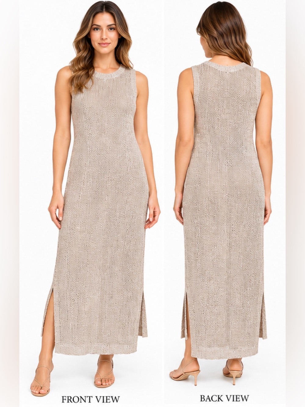 TAHARI Metallic Open Knit Sleeveless Maxi Dress Beige / Champagne – Size Medium